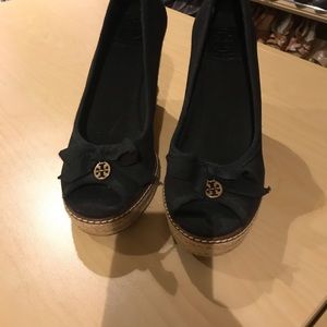 Tory Burch black canvas open toe wedge heels.